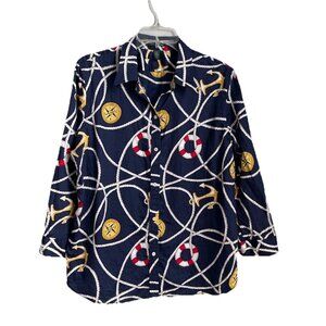 Lauren Ralph Lauren Navy Blue Nautical Print Button Front Shirt Blouse